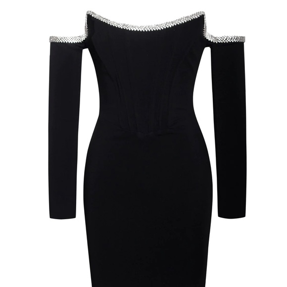 Miss Circle Annika Black Off Shoulder Long Sleeve Corset Dress w/ Crystal trim - Picture 10 of 17
